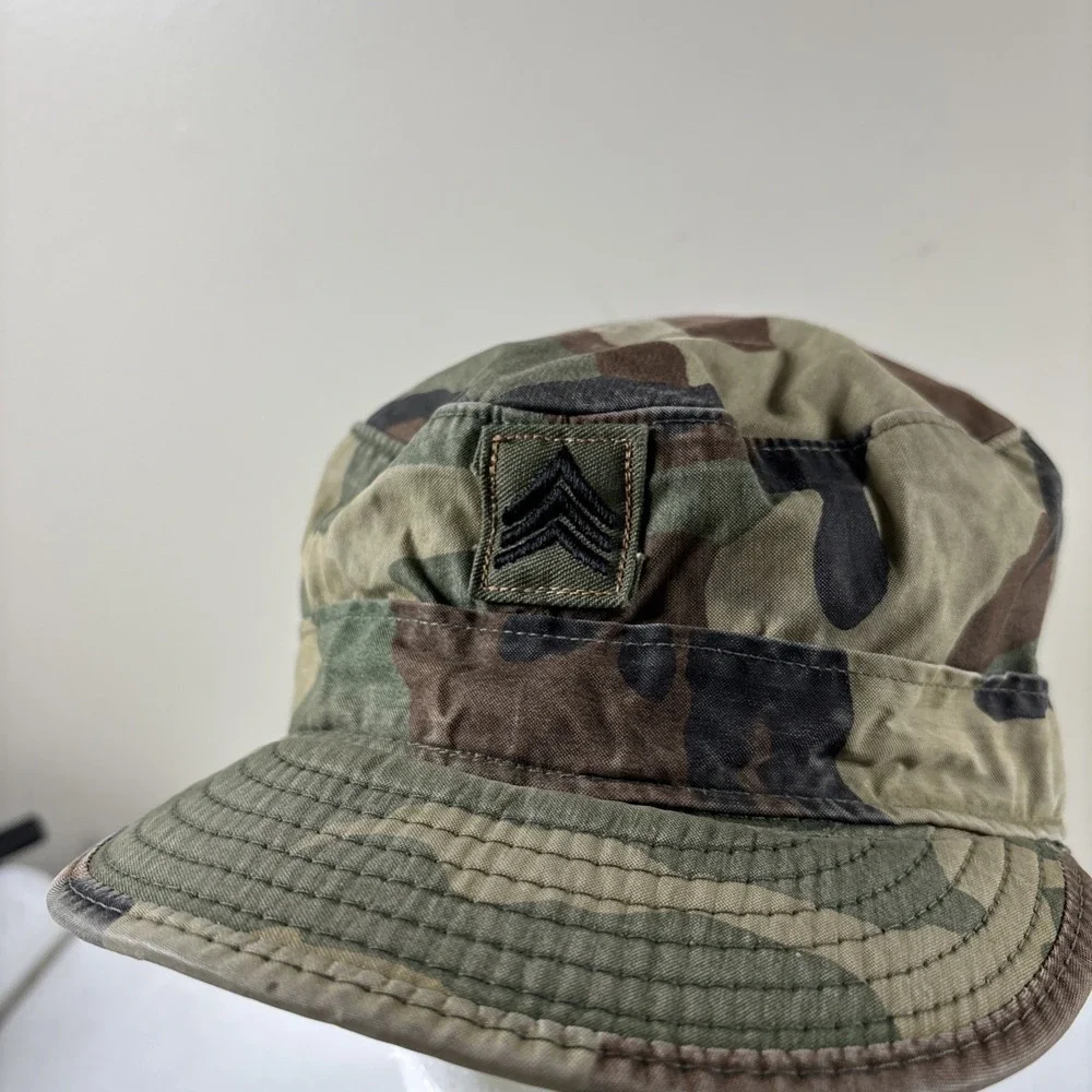 Army Cap Green U.S.‎ Military Hat Size 7 1/4 w/Ear Flap woodland camo VTG